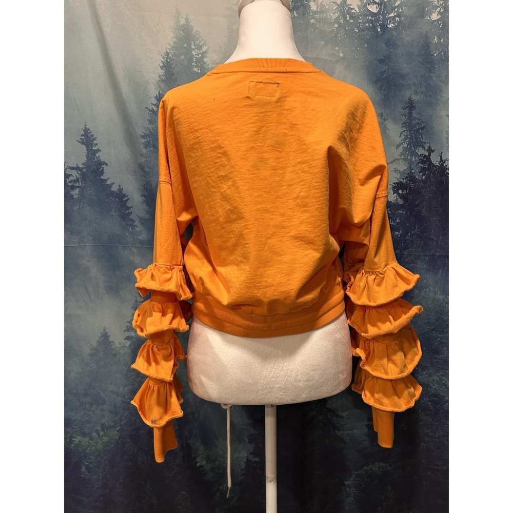 Mi Gente Converse Cropped Shirt Ruffled Long Sleeve Drawstring Orange Womens M - Picture 4 of 6